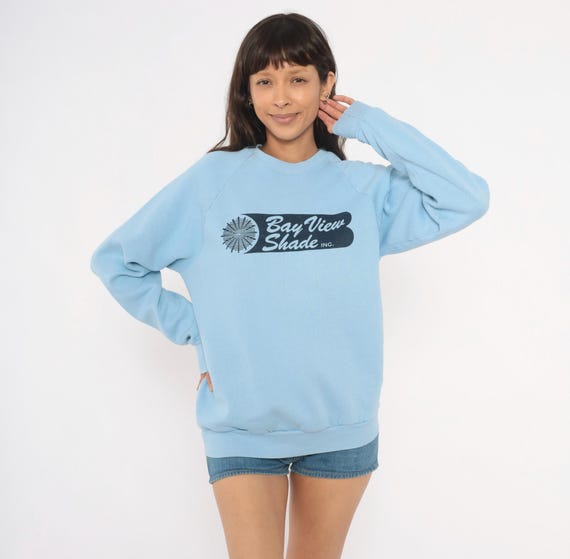 80s Bay View Shade Inc Sweatshirt Powder Blue Crewneck Raglan Sleeve Graphic Logo Pullover Sky Cotton Warm Loungwear Vintage Large L