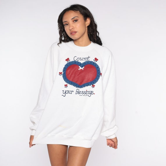 Heart Sweatshirt Count Your Blessings Sweater 80s… - image 3