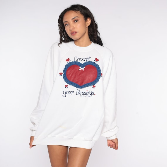 Heart Sweatshirt Count Your Blessings Sweater 80s Novelty Slouchy Kitsch Pullover 90s Slouch Top Raglan Sleeve Extra Large xl