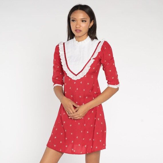 Floral Mini Dress 90s White Lace Bib Dress Red Boho Cottagecore Puff Sleeve Retro Minidress Empire Waist Vintage 1990s Extra Small xs