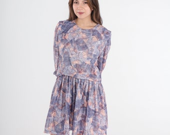 80s Floral Dress Purple Mini Blouson Dress Vintage 1980s High Waisted Slouchy Dress 3/4 Sleeve Bohemian Full Skirt Peach Navy Blue Medium