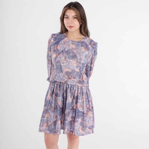 80s Floral Dress Purple Mini Blouson Dress Vintage 1980s High Waisted Slouchy Dress 3/4 Sleeve Bohemian Full Skirt Peach Navy Blue Medium