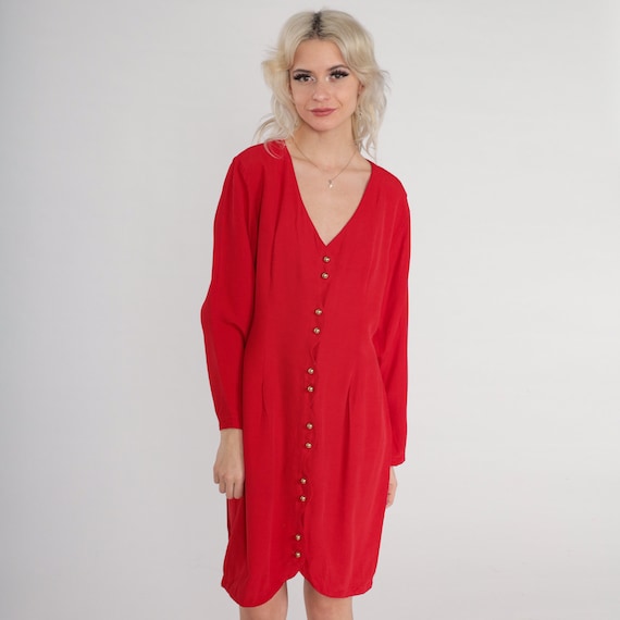 80s Pencil Dress Red Button up Mini Dress Long Sleeve Secretary Dress Sheath Retro Scalloped Chic Cocktail Party Plain Vintage 1980s Medium
