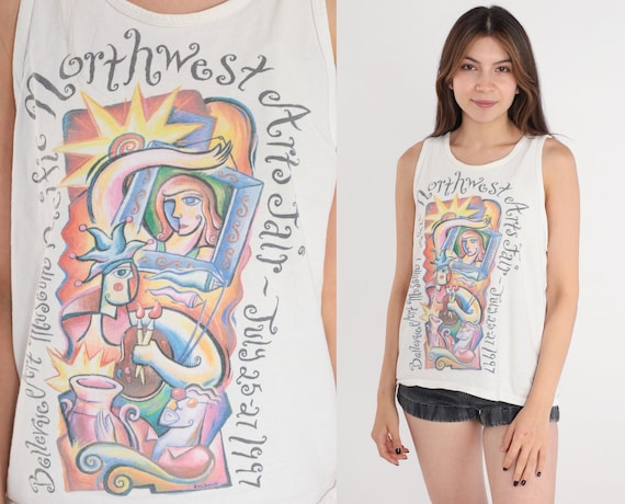 1997 Bellevue Arts Fair Shirt 90s Seattle Art Museum Tank Top Washington PNW Artist Graphic Tee Single Stitch White Vintage 1990s Medium M