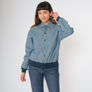 Vintage 70s Chambray Work Jacket Blue Button Up Shirt Jacket Workwear Utility Jacket His USA Made Ribbed Trim 1970s Men&#39;s Medium 15 - 15 1/2