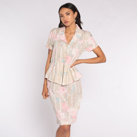 80s Floral Dress Beige Pink Midi Dress Peplum High Waisted Shirtdress Short Puff Sleeve Button Up Striped Secretary Vintage 1980s Small S
