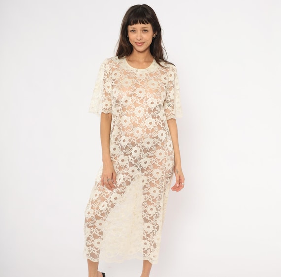 Sheer Lace Midi Dress 90s Cream Floral Pearl Short Sleeve Ivory Coquette Fairycore Off White Beach Summer Spring Coverup Length Medium M