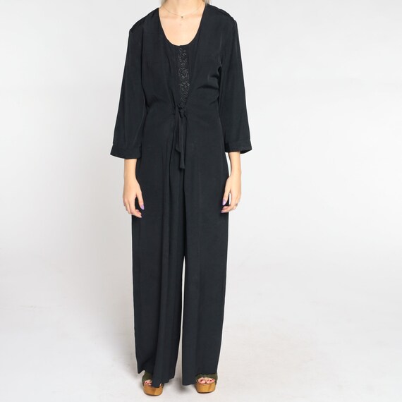 Black Jumpsuit 90s Wide Leg Pantsuit Floral Embroider… Gem