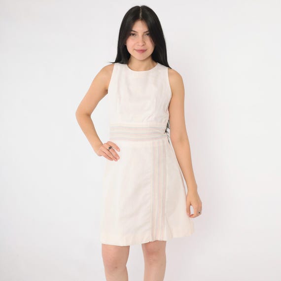 Vintage 60s Mod Dress White Pastel Striped Mini Dress High Waisted 1960s Sleeveless Twiggy A-Line Sixties Extra Small xs