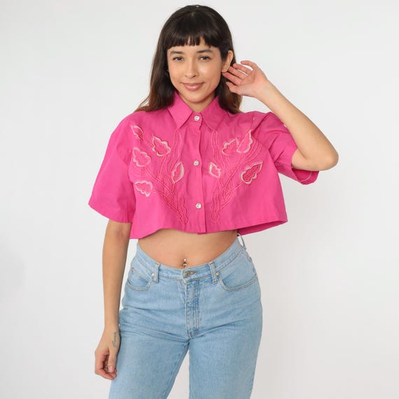 Vintage Pink Embroidered Blouse Floral Cutout Boxy Crop Top 90s Button Up Short Sleeve Shirt Oversized Medium Large