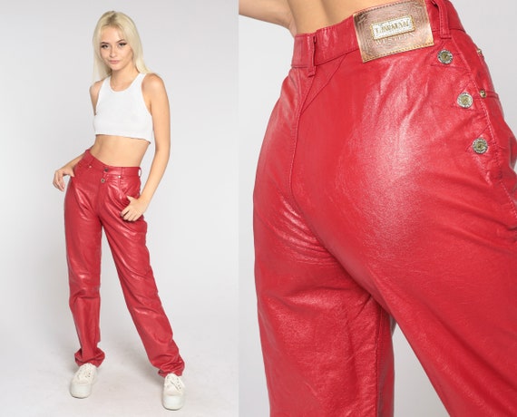 Red Faux Leather Pants 90s High Waisted Pants Fake Vegan Leather