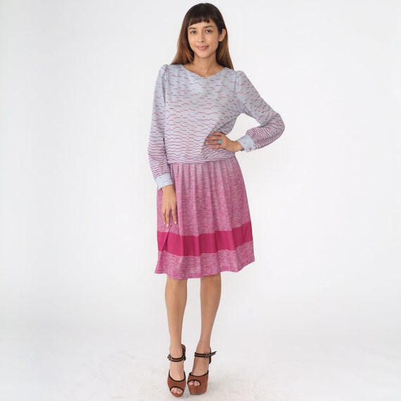 Striped Midi Dress 80s PUFF SLEEVE Dress Light Periwinkle Hot Pink Drop Waist Dress Pastel 1980s Vintage 1980s Blouson Casual Small Medium