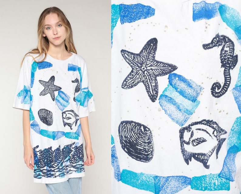 Under The Sea Shirt 90s Painted Tropical Fish T-Shirt Starfish Seahorse Shell Stamp Paint Graphic Tee Ocean White Blue Vintage 1990s 2xl xxl image 1