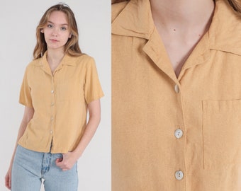 Tan Silk Blouse 90s Button Up Shirt Retro Plain Simple Short Sleeve Top Chest Pocket Preppy Basic Button Down Minimal Vintage 1990s Small S