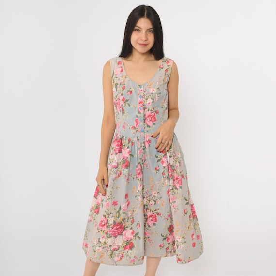 Vintage Floral Sun Dress 80s 90s Blue Bow Back Sundress Sleeveless Button Up Drop Waist Midi 1980s Low Waist Dress 1990s Medium 8