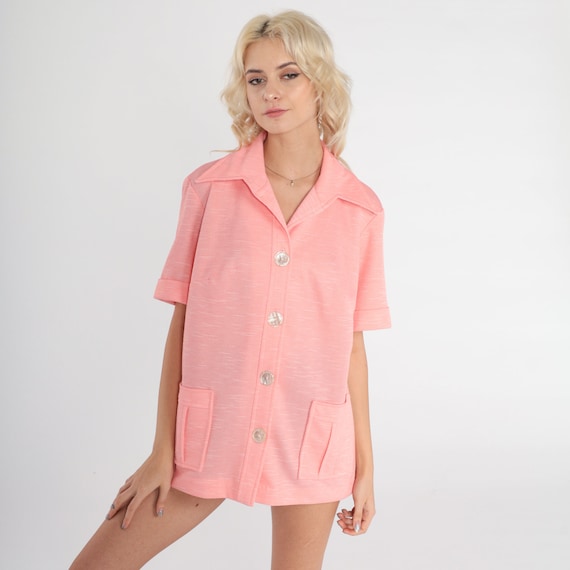 Pink Button Up Shirt 70s Blouse Dagger Collar Pocket Hippie Boho 1970s Shirt Disco Top Vintage Collared Plain Short Sleeve Large