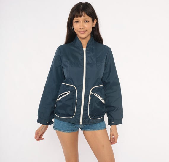 70s Navy Windbreaker White Contrast Zipper Pocket Stand Collar Lightweight Shell Jacket Blue Athletic Sporty Vintage Coat Women Small S