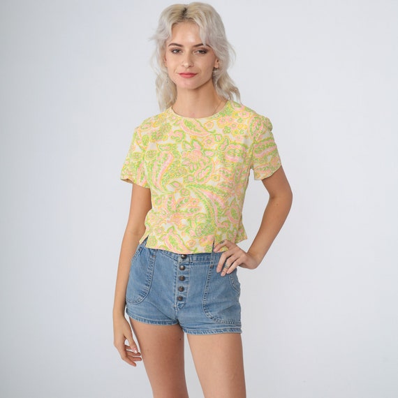 Floral Crop Top 60s 70s Blouse Neon Cropped Shirt Paisley Print Boho Hippie Summer Yellow Green Pink Vintage 1960s Short Sleeve Small S