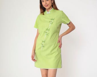 Vintage Asian Style Dress 90s Lime Green Embroidered Bamboo Mini Dress Party Cheongsam Mandarin Collar Sheath 1990s Medium M