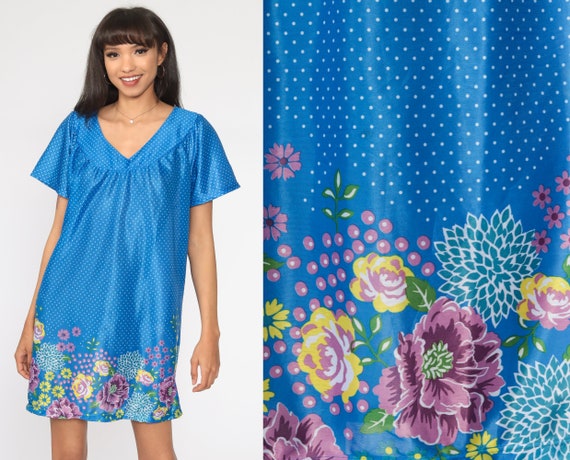 Floral Mini Dress Blue Tent Dress Polka Dot Lounge Dress Boho 80s Bohemian Vintage 1980s Retro Trapeze Muu Muu Dress Extra Large xl