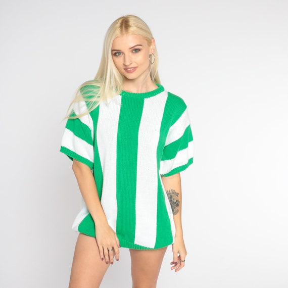 Vintage Striped Knit Shirt 90s White Green Short Sleeve Sweater Top Stripes Retro Basic Blouse Slouchy Cotton 1990s Liz Claiborne Small S