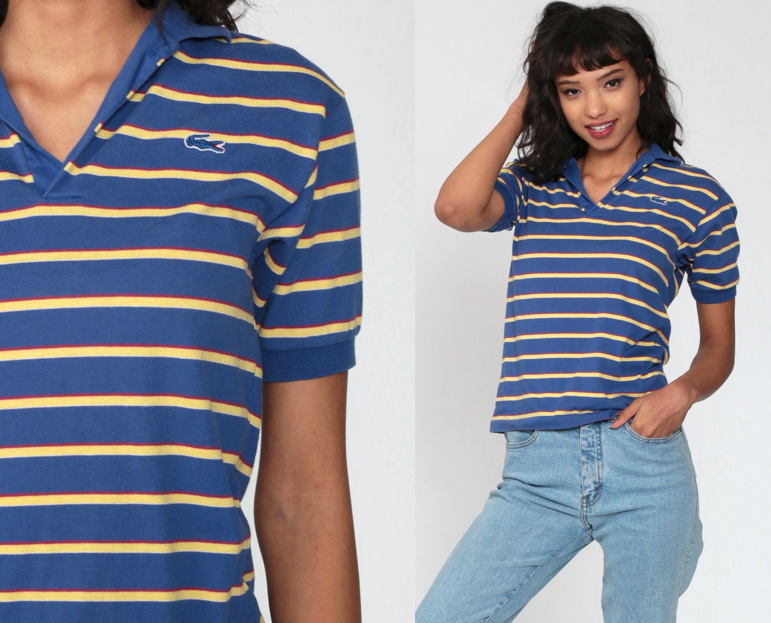 Lacoste Polo Shirt Blue Yellow Striped Shirt 80s Top Izod CROCODILE 1980s  Vintage Retro Preppy Collar Extra Small xs