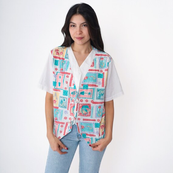 Floral Garden Blouse 90s Gardening Print Attached Vest Button Up Shirt Tulip Short Sleeve Top Collared Flower 1990s White Vintage Medium