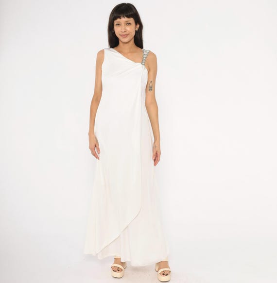 70s Grecian Gown Beaded Strap White Maxi Dress Asymmetrical Neckline Toga Style Embellished Shoulder Crystal Pearl Evening Formal Small S