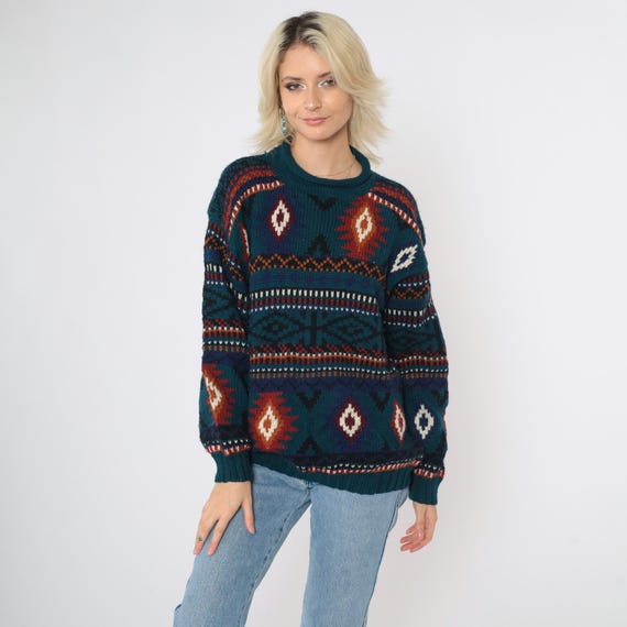 Vintage Teal Southwestern Sweater 80s 90s Wool Geometric Sweater Boho Roll Neck 1980s Southwest Sweater Slouchy Bohemian Knit Medium M