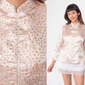 Asian Inspired Top 90s Baby Pink Blouse Floral Embroidered Shirt Frog Button up Mandarin Collar Long Sleeve Boho Shiny Vintage 1990s Large L image 1