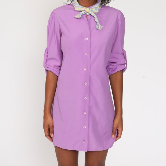 Purple Ascot Dress 70s Puff Sleeve Mini Button Up… - image 8