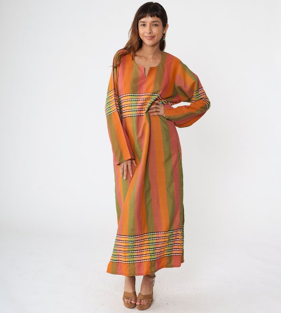Caftan Maxi Dress Orange Green Stripe Long Sleeve Dress Boho Y2K Bohemian Hippie Festival Kaftan Vintage Pink 00s Large