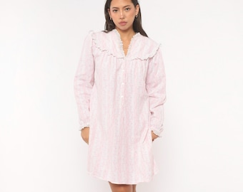 80s Pink Floral Striped Nightgown Lace Trim Eyelet Cottagecore Sleepwear Rose Ruffle V Neck Long Sleeve Prairie Nightdress Blush Small S