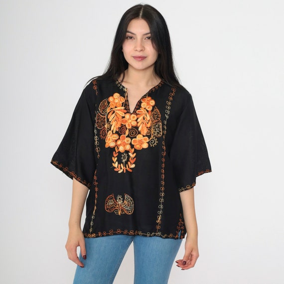 Floral Embroidered Blouse 90s Black Mexican Top Peasant Hippie 3/4 Sleeve Bohemian Tent Shirt Boho Festival Vintage 1990s Orange Small S
