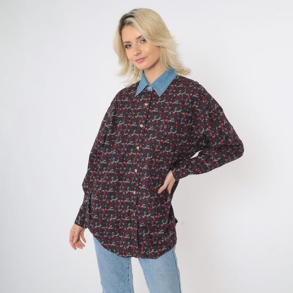 90s Floral Blouse Red Green Button Up Shirt Denim Collar Long Sleeve Top Retro Boho Flower Print Vintage 1990s Cotton Medium M