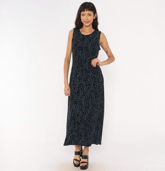 90s Vine Print Maxi Dress Black Blue Sleeveless Scoop Neck Column Ankle Length Tank Shift Dark Floral Minimalist Vintage Medium Large M L