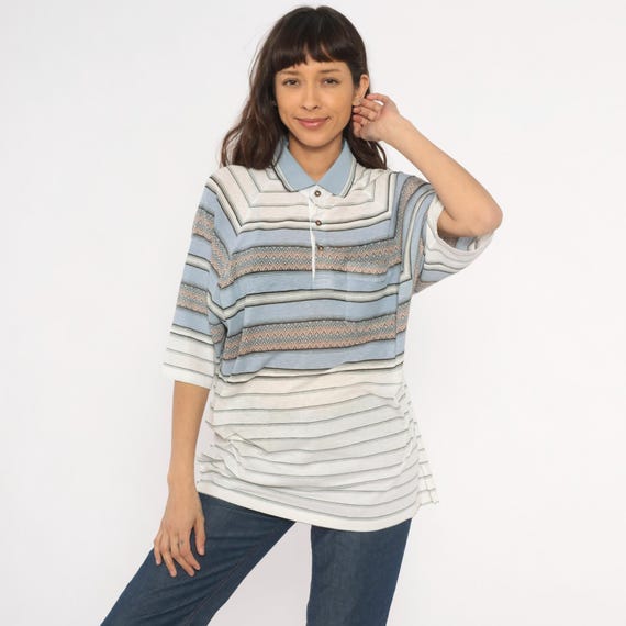 80s Southwestern Polo Grand Slam Striped Knit Diamond Jacquard Sky Blue Cream Collared Tunic Length Geometric Distressed Shirt Large L