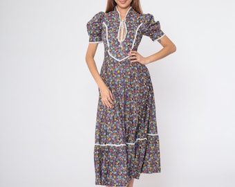 70s Prairie Dress Calico Floral Maxi Dress Lace Up Corset Puff Sleeve Tiered Hippie Cottagecore Ankle Length Vintage 1970s Extra Small xs