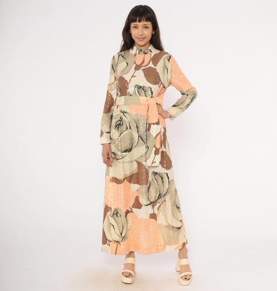 70s Rose Print Maxi Dress Gold Metallic Dot Floral Long Sleeve Peach Taupe Brown Belted Waist Chiffon Gown Feminine Evening Vintage Medium M