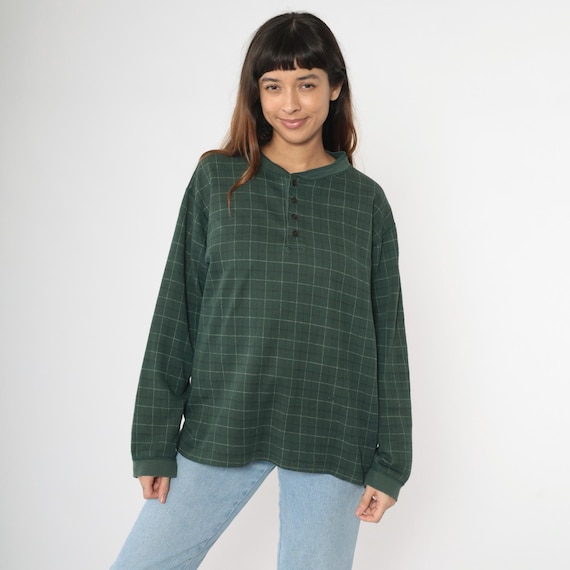 Vintage 90s Plaid Henley Shirt L.L. Bean Green Navy Blue Distressed Cotton Long Sleeve Grunge Top 1990s Quarter Button up Men's Size Large