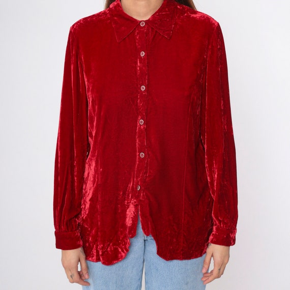 Red Velvet Blouse 90s Button Up Shirt Long Sleeve… - image 9