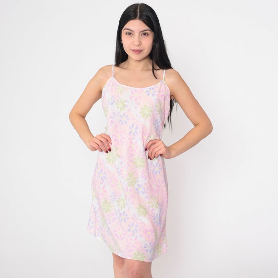 Baby Pink Floral Dress 90s Mini Slip Dress Pastel Daisy Flower Print Minidress Sleeveless Spaghetti Strap Boho Grunge Vintage 1990s Medium M