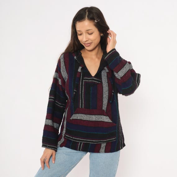Baja Hoodie Striped Mexican Blanket 90s Grunge Navy Burgundy Black Herringbone Weave Kangaroo Pocket Surfer Beach Drug Rug Vintage Small S