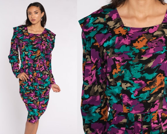 80s Pencil Dress Abstract Print Midi Dress Purple 1980s Puff Sleeve Fitted Wiggle Secretary Long Sleeve Camo Print Medium 8