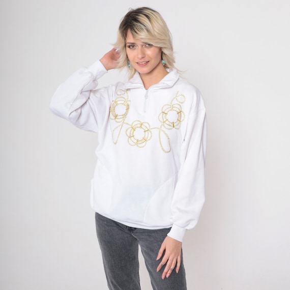 Vintage Sailor Sweatshirt 90s Gold Embroidered Lifebuoy Sweater Nautical Lifesaver Graphic Sailor Pullover Quarter Zip White 1990s Medium
