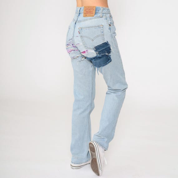 Vintage Levis 501 Jeans 90s Ripped Patch Jeans Mid Rise Straight Leg Distressed Denim Pants Levi Strauss Relaxed 1990s Small 28 x 32