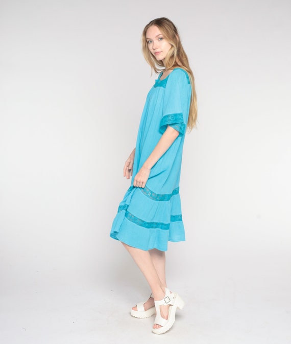 Blue Cotton Dress 80s Midi Dress Boho Crochet Tri… - image 5