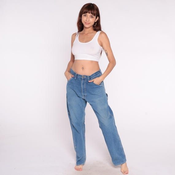 90s Carpenter Jeans Blue Denim High Rise Pants Utility Cargo Pockets Straight Leg Distressed Vintage Light Wash Workwear Trousers 33 x 32