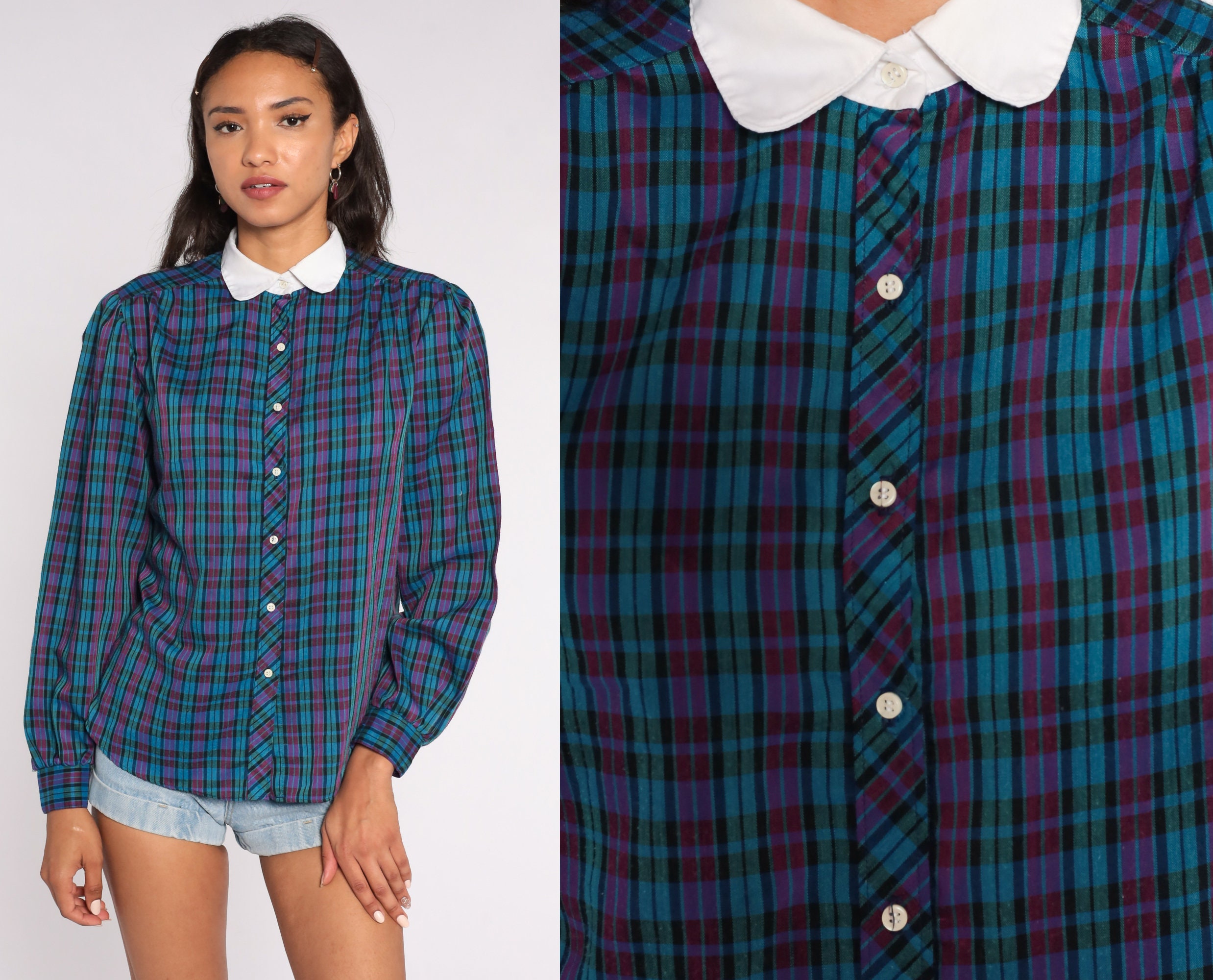 80s Plaid Blouse Peter Pan Collar 