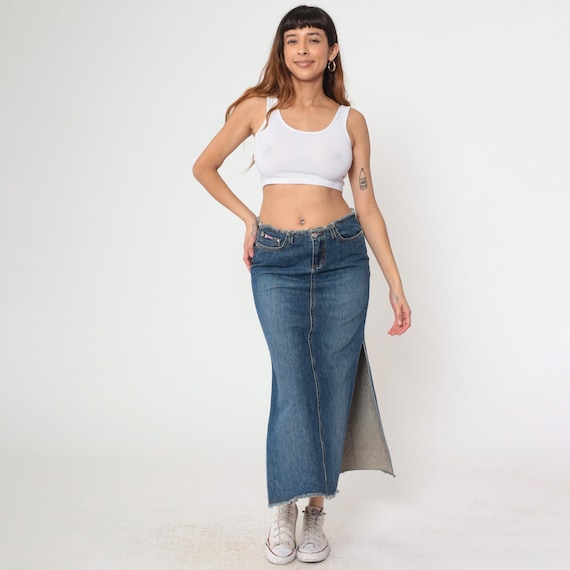 Y2k Denim Maxi Skirt Vintage Low Rise Jean Skirt High Slit Retro 00s Pop Star Glam Streetwear Pencil Skirt 1990s Small 5/6